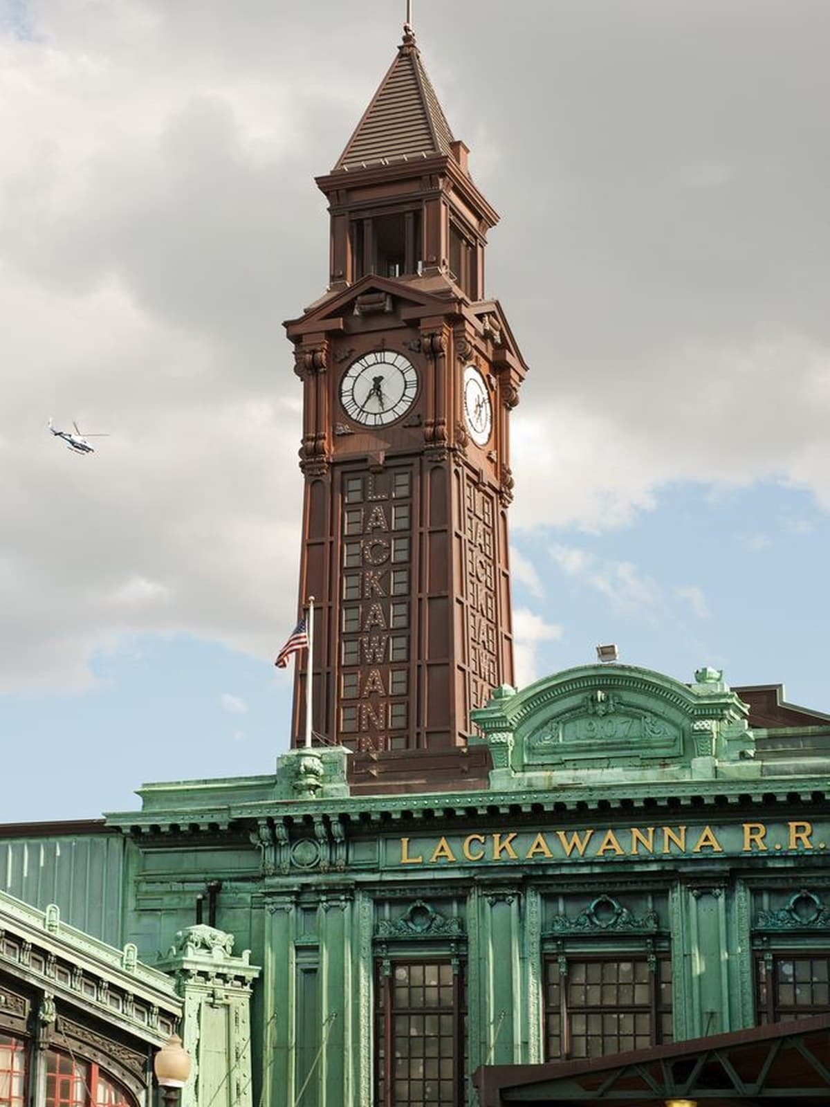 The Lackawanna Terminal clock tower above the station's copper facade