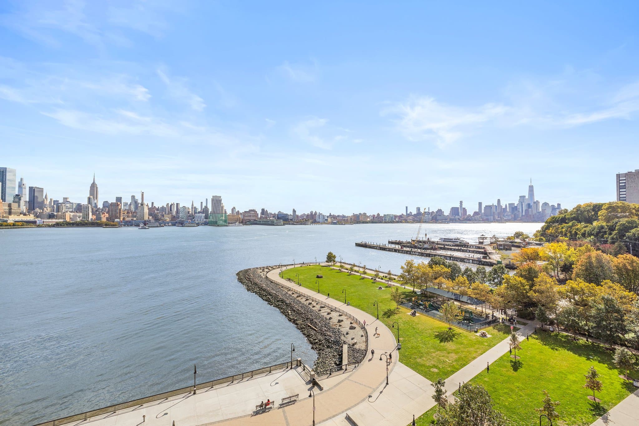 The Hoboken waterfront park with the Manhattan skyline across the Hudson